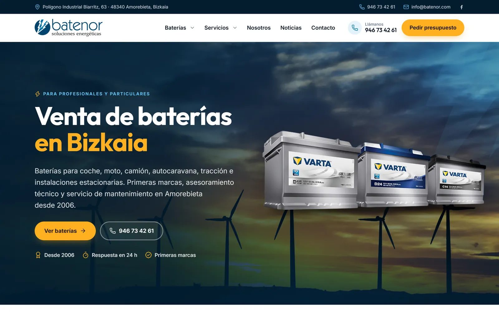 Vista de escritorio de la web de Batenor, venta de baterías para vehículo e industria