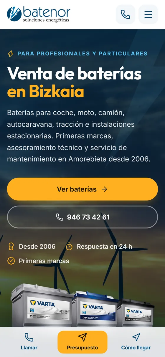 Vista en móvil de la web de Batenor, venta de baterías para vehículo e industria