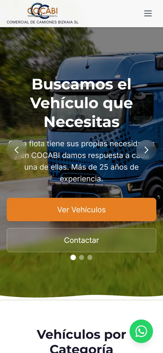 Vista en móvil de la web de Cocabi, con el stock de vehículos industriales de ocasión
