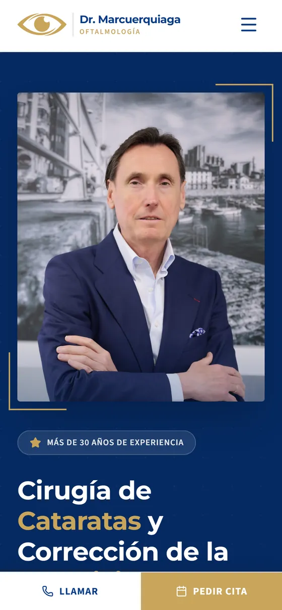 Vista en móvil de la web de la consulta de oftalmología del Dr. Marcuerquiaga