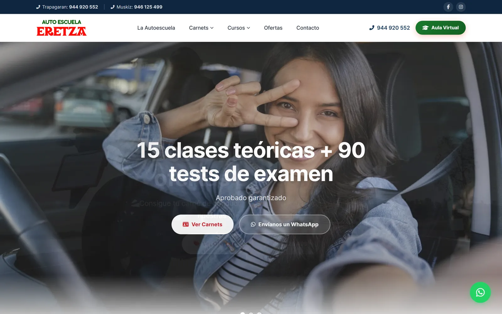 Vista de escritorio de la web de Autoescuela Eretza, con su oferta de carnets