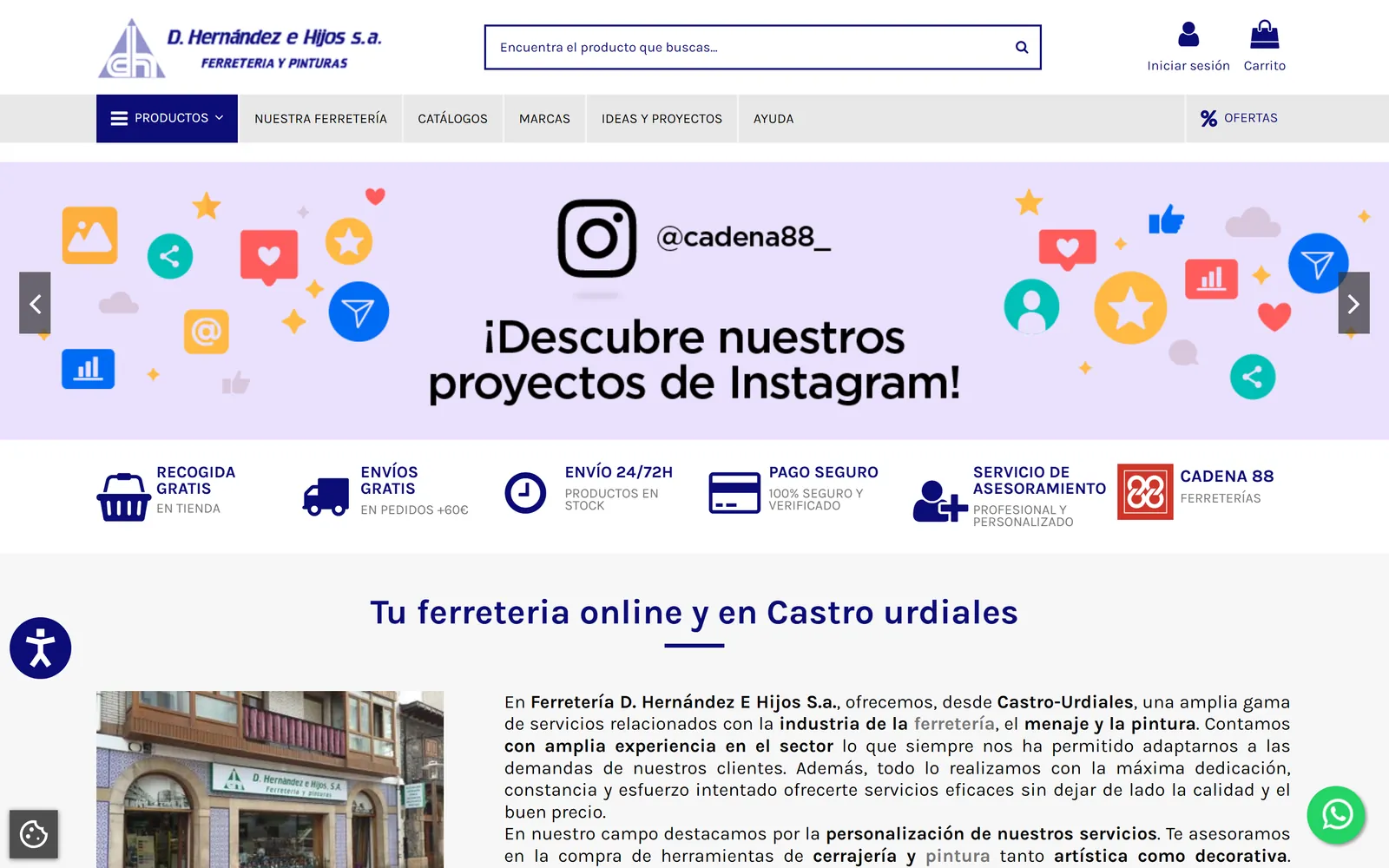 Vista de escritorio de la tienda online de Ferretería Hernández, de Castro Urdiales