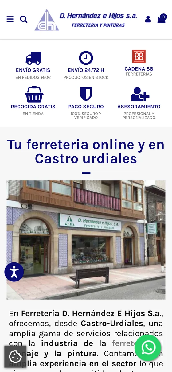 Vista en móvil de la tienda online de Ferretería Hernández, de Castro Urdiales