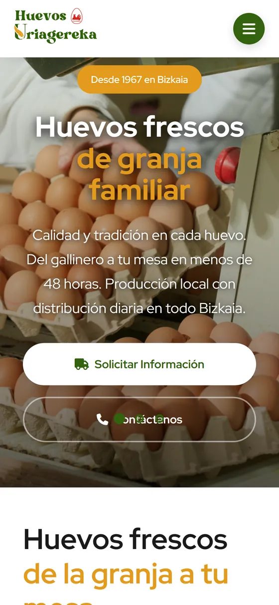 Vista en móvil de la web de Granja Uriagereka, productores de huevos en Bizkaia