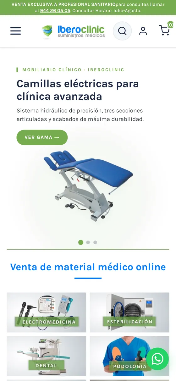 Vista en móvil de la tienda online de Iberoclinic, material médico y productos sanitarios