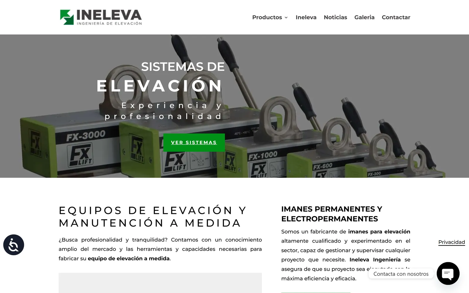 Vista de escritorio de la web de Ineleva, soluciones de elevación para la industria