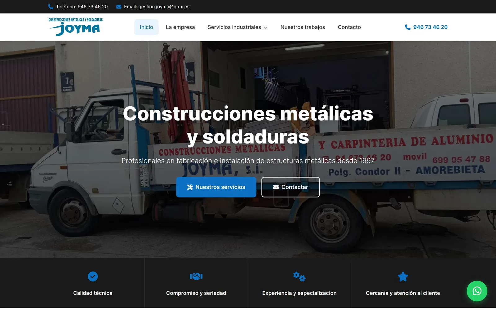 Vista de escritorio de la web de Joyma Construcciones, construcciones metálicas y soldaduras