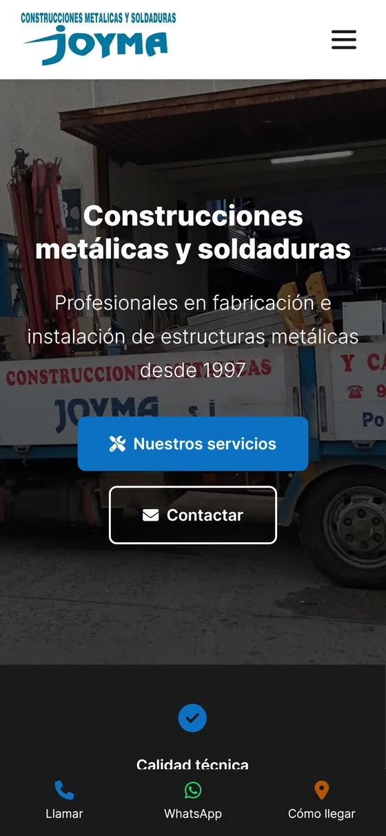 Vista en móvil de la web de Joyma Construcciones, construcciones metálicas y soldaduras