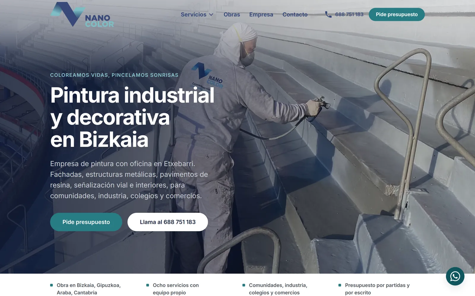 Vista de escritorio de la web de Nano Color, pintura industrial y decorativa en Bizkaia