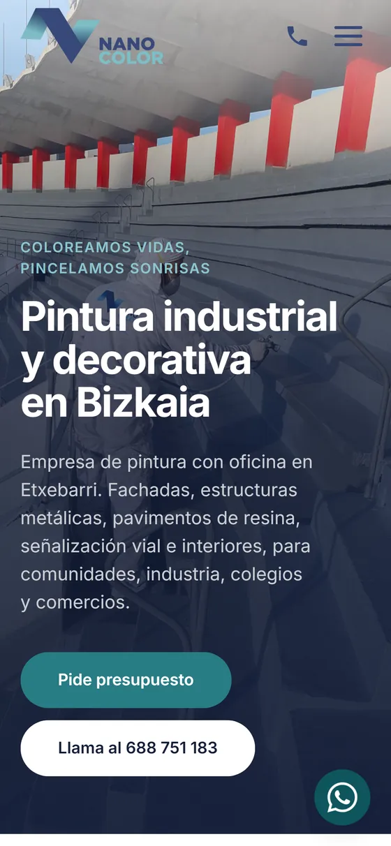 Vista en móvil de la web de Nano Color, pintura industrial y decorativa en Bizkaia