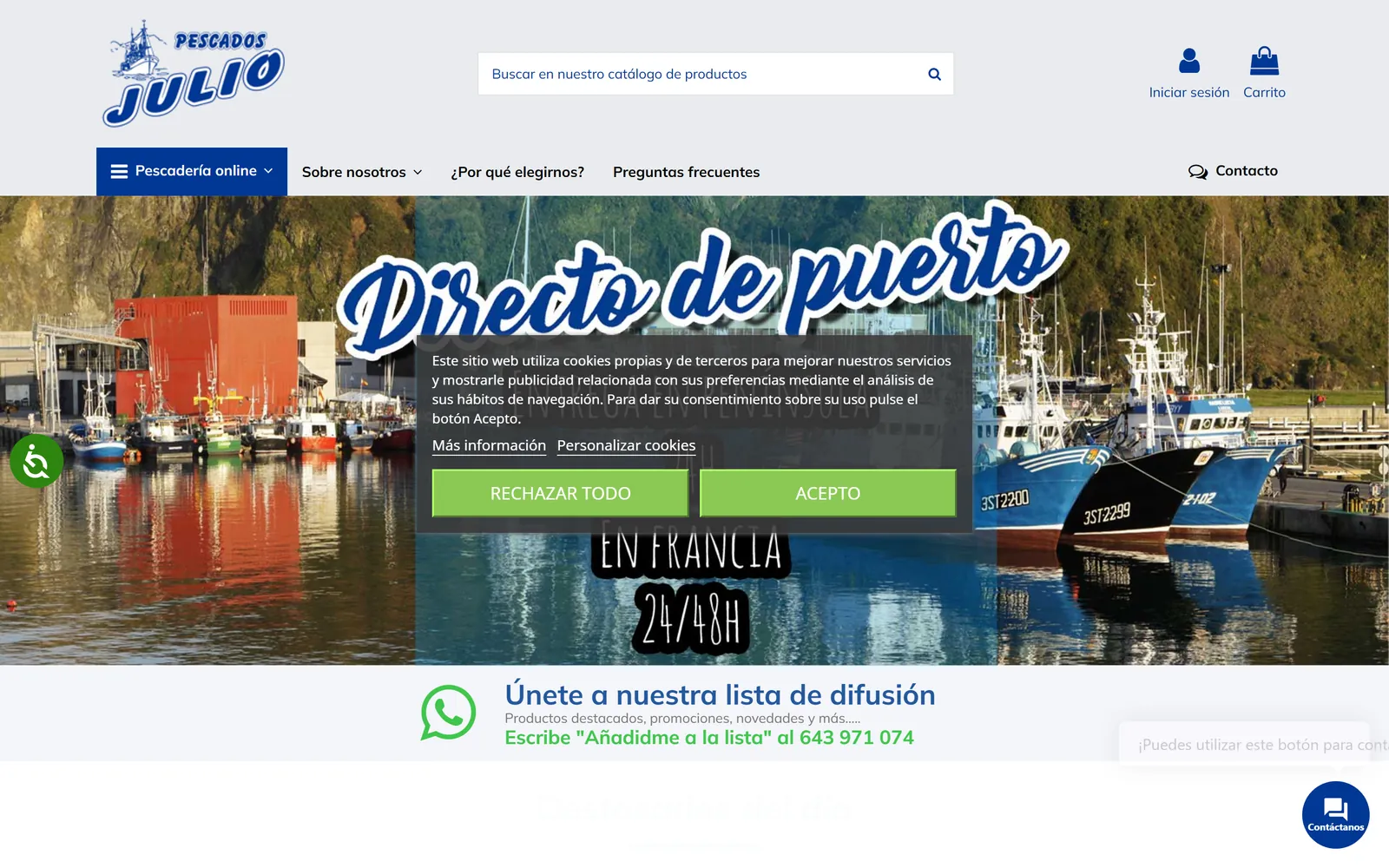 Vista de escritorio de la tienda online de Pescados Julio, pescado y marisco gallego
