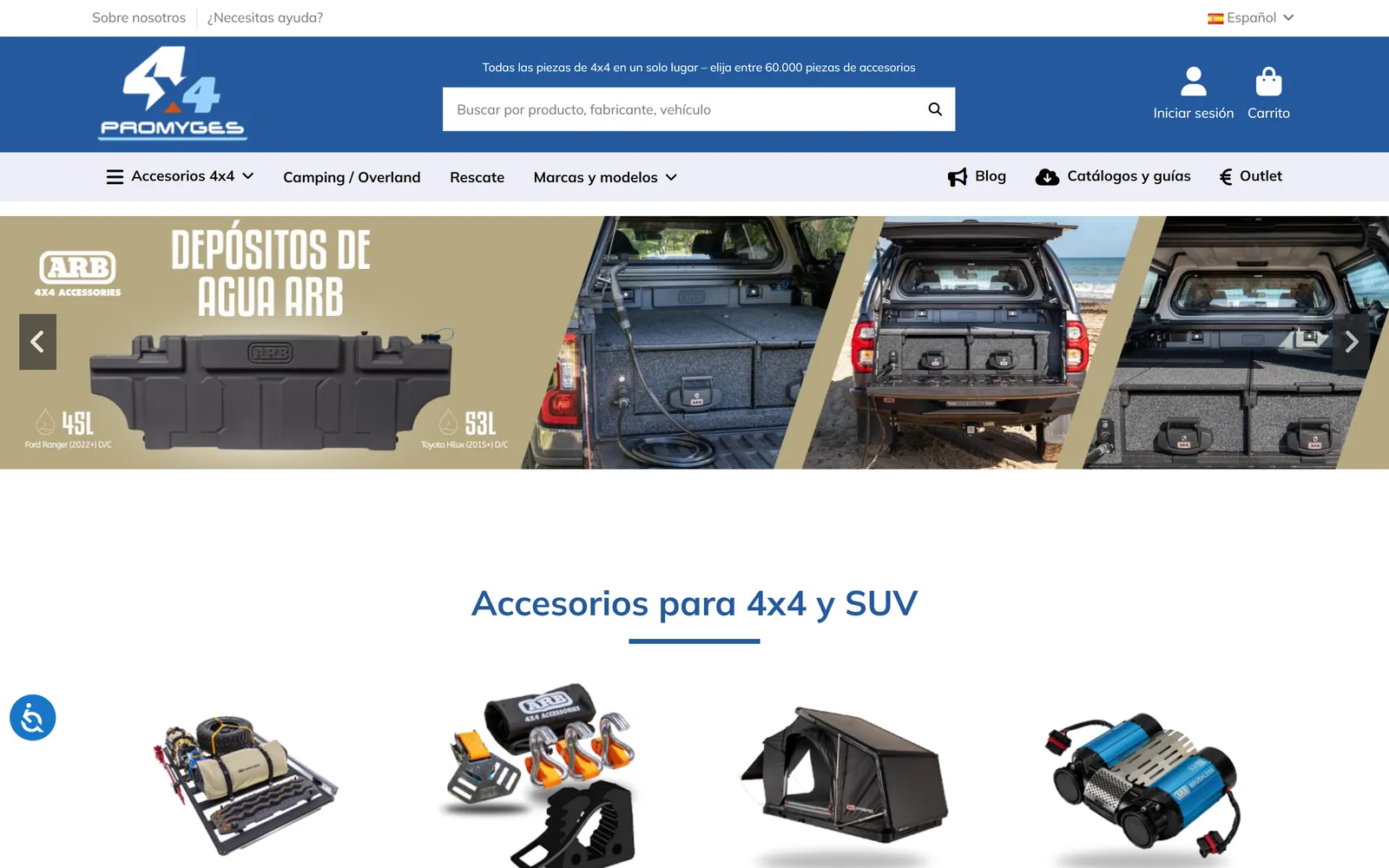 Vista de escritorio de la tienda online de Promyges 4x4, accesorios y equipamiento todoterreno