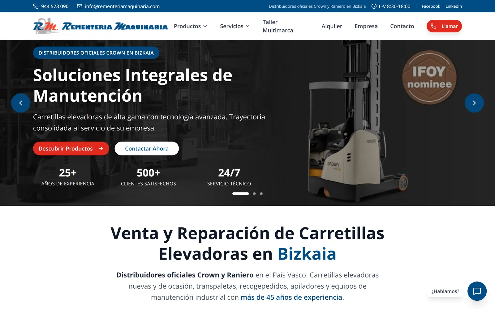 Vista de escritorio de la web de Rementeria Maquinaria, con su catálogo de carretillas elevadoras