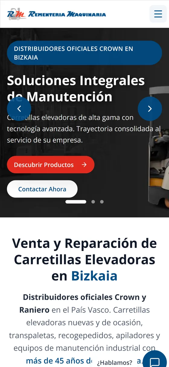 Vista en móvil de la web de Rementeria Maquinaria, con su catálogo de carretillas elevadoras