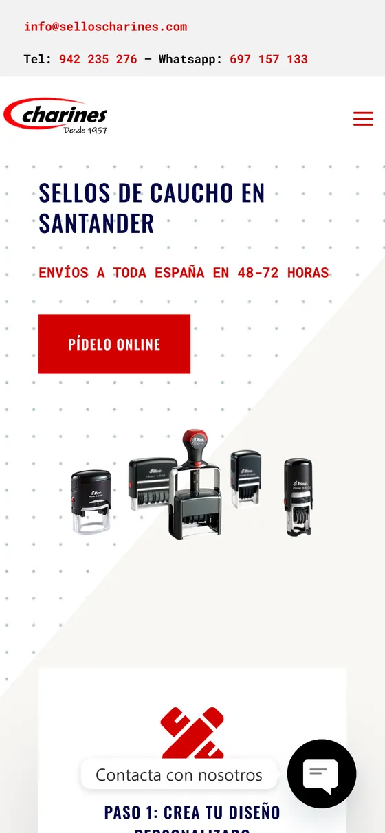 Vista en móvil de la tienda online de Sellos Charines, sellos de caucho personalizados