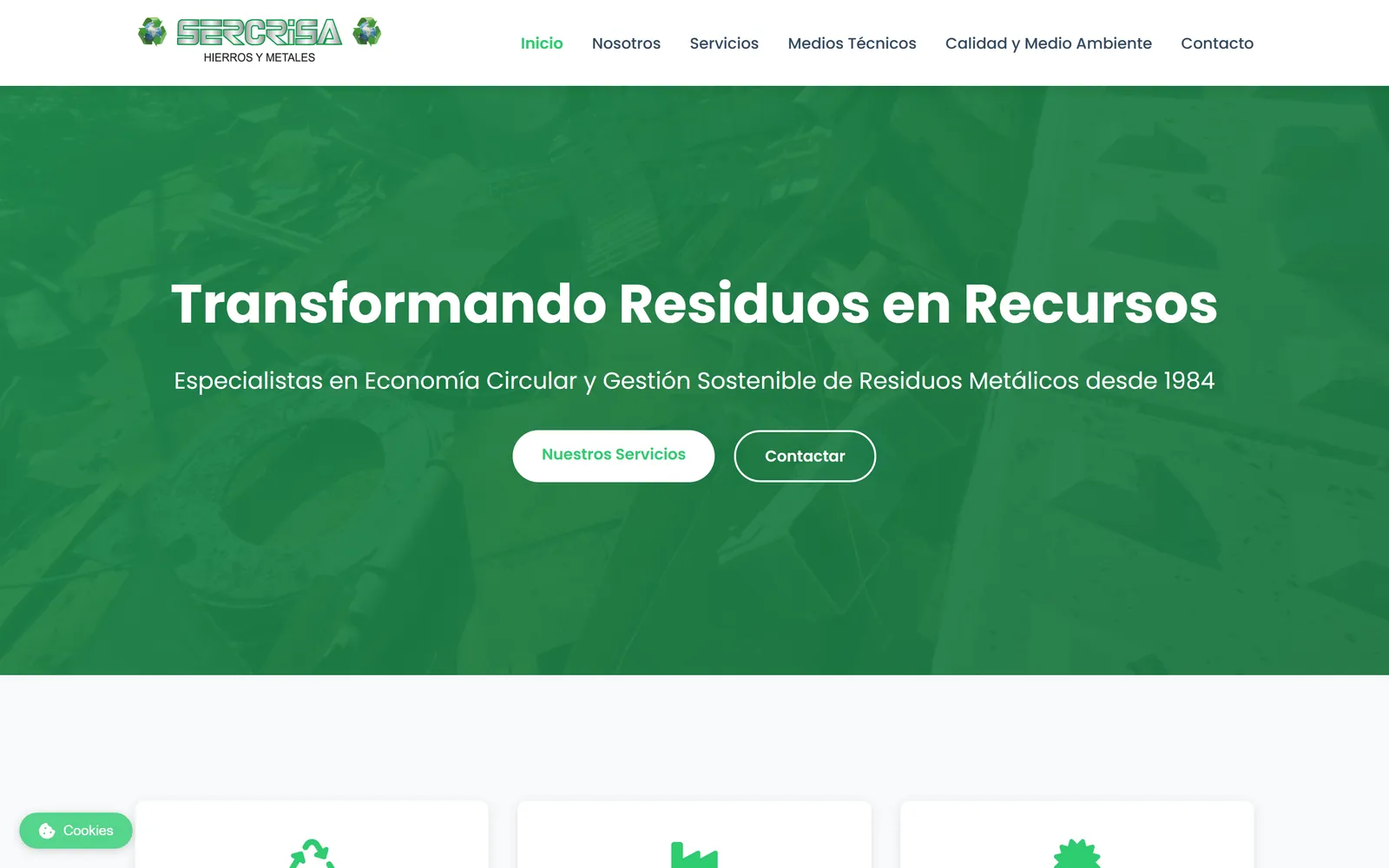 Vista de escritorio de la web de Sercrisa, recuperación de hierros y metales