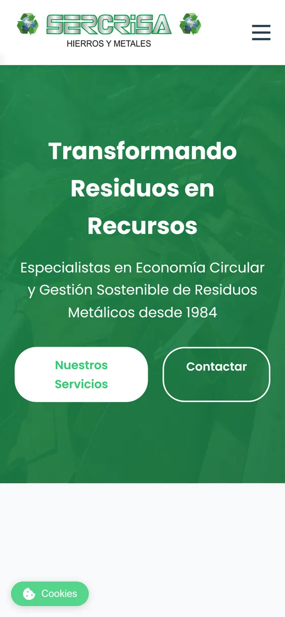 Vista en móvil de la web de Sercrisa, recuperación de hierros y metales