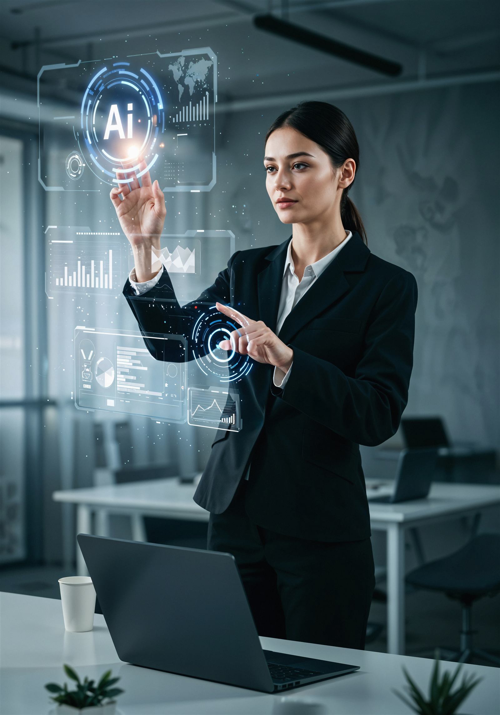 Profesional interactuando con un asistente de inteligencia artificial en la oficina