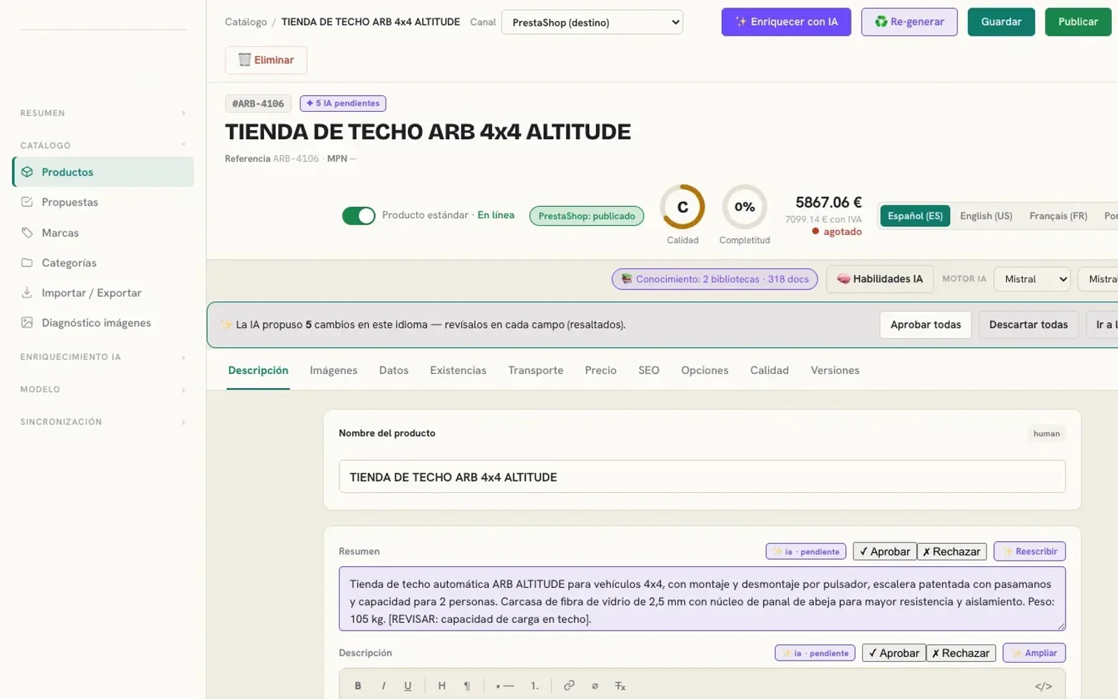 Ficha de producto del PIM con cinco propuestas de la IA pendientes de aprobar