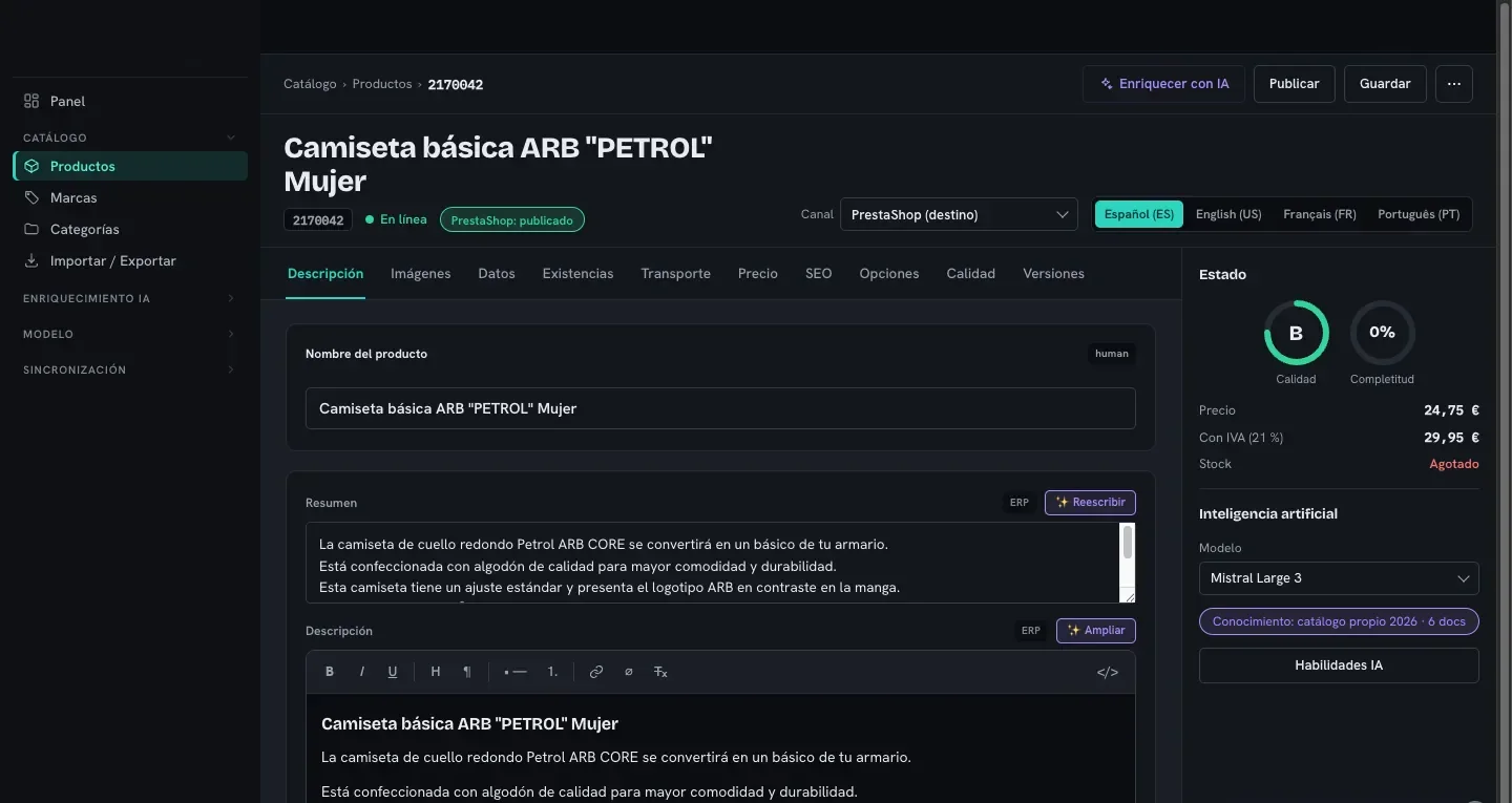 Ficha de producto del PIM en modo oscuro