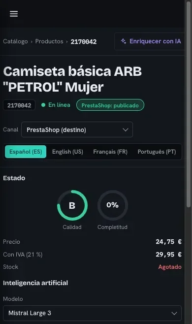 Ficha de producto del PIM en el móvil