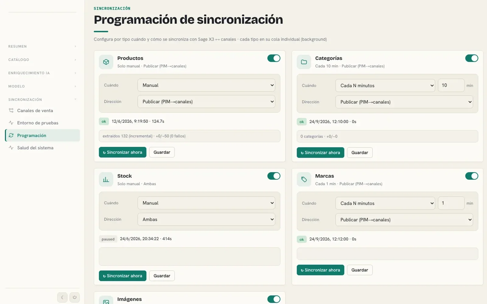 Programación de la sincronización entre el ERP y los canales de venta por tipo de dato, con su frecuencia, su dirección y el resultado de la última ejecución